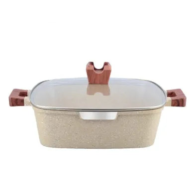 New Style 10 Pcs Square Stock Pot Nonstick Die-Cast Aluminum Cookware Set Granite Gumwood Silicone Lid Heat Resistant Handle