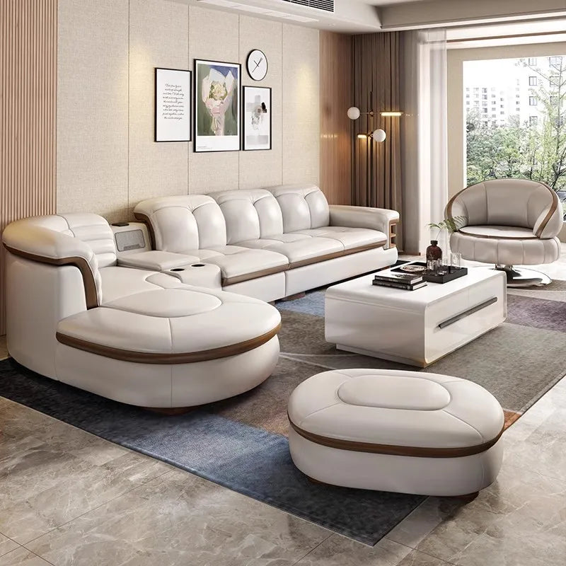 Luxury L-Shaped Genuine Leather Sectional Sofa Sets with USB, Bluetooth Speaker -  Living Room Italian Leather Couches