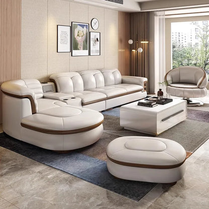 Luxury L-Shaped Genuine Leather Sectional Sofa Sets with USB, Bluetooth Speaker -  Living Room Italian Leather Couches