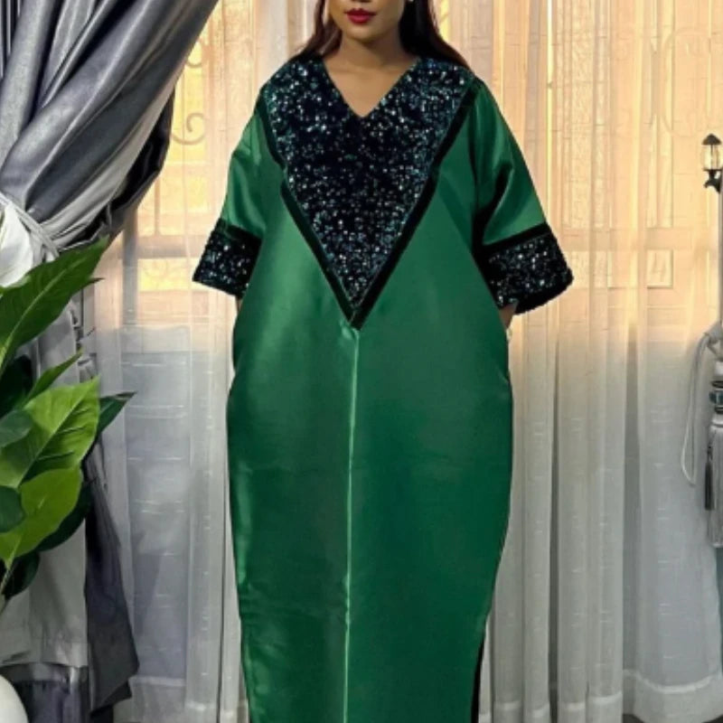 African Kaftan Boubou Dresses for Women Elegant Shiny Bubu Traditional Africa Long Loose V Neck Party Event Occasion Female New
