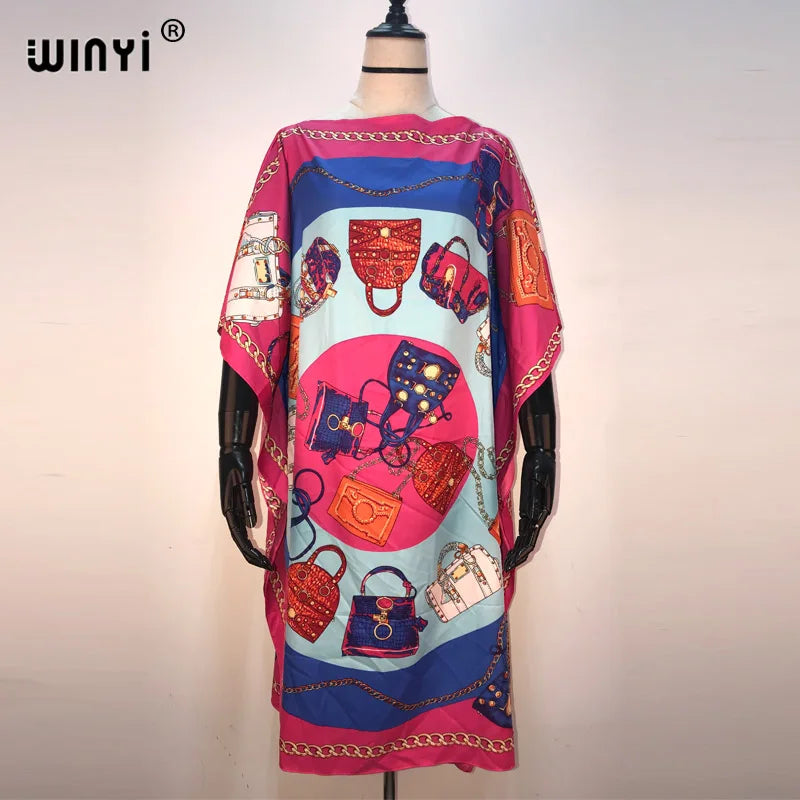Africa Fashion Blogger Recommend Popular Printed Silk Kaftan Maxi Dresses Loose Summer Beach Bohemian Kaftan Long Dress for Lady