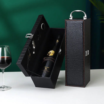 Classic PU Leather Single Red Wine Holder Luxury Ring Paper Cutter Seahorse Knife Pourer Wooden Packing Box Gift