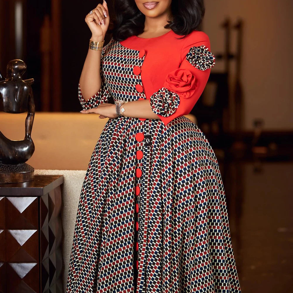 Elegant Dresses for Women 2025 Fall Fashion African 3/4 Sleeve Party Birthday New Robe Chic 3D Flower Plaid Evening A-Line Dress