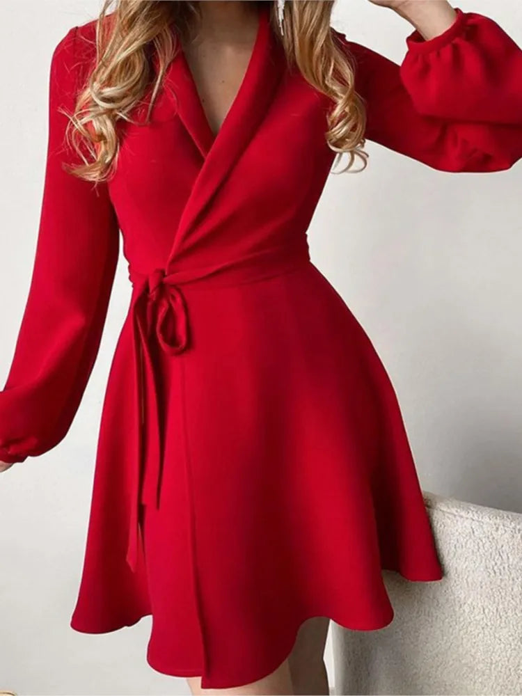 Women'S Autumn New Fashion V-Neck Long Sleeve High Waist One Piece Color Matching Lace up Irregular Dress
