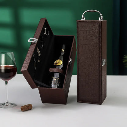 Classic PU Leather Single Red Wine Holder Luxury Ring Paper Cutter Seahorse Knife Pourer Wooden Packing Box Gift