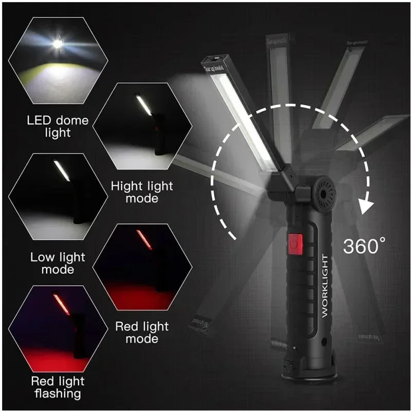 New Portable COB LED Flashlight USB Rechargeable Work Light Magnetic Lanterna Hanging Lamp with Built-In Battery Camping Torch