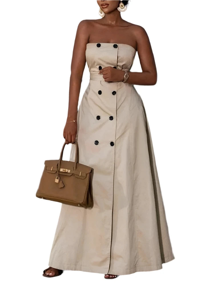 Freeacy Women'S Khaki Strapless Double Breasted High Waist Belted Dress Elegant Casual Office Wear 2025 New Party Dresses