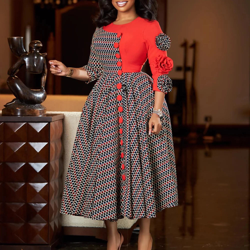 Elegant Dresses for Women 2025 Fall Fashion African 3/4 Sleeve Party Birthday New Robe Chic 3D Flower Plaid Evening A-Line Dress