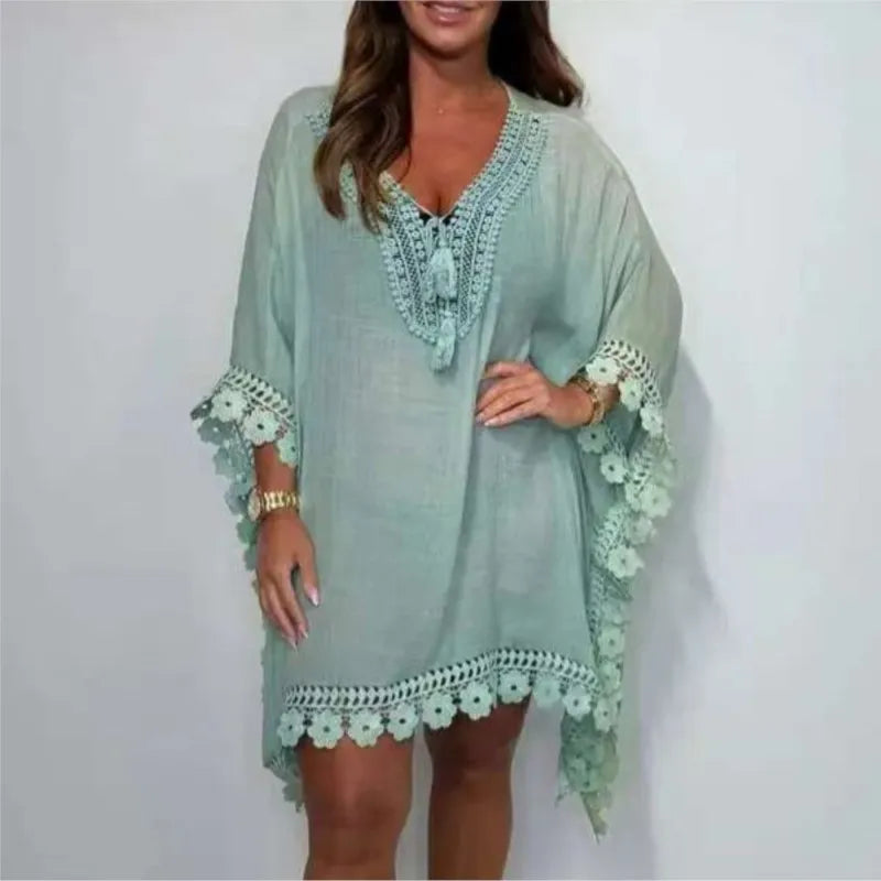 Summer Fashion Women'S Beach Dress New Sexy Boho Bat Sleeve V-Neck Hollow Edge Casual Holiday Shirt Skirt Women Vestidos 2025