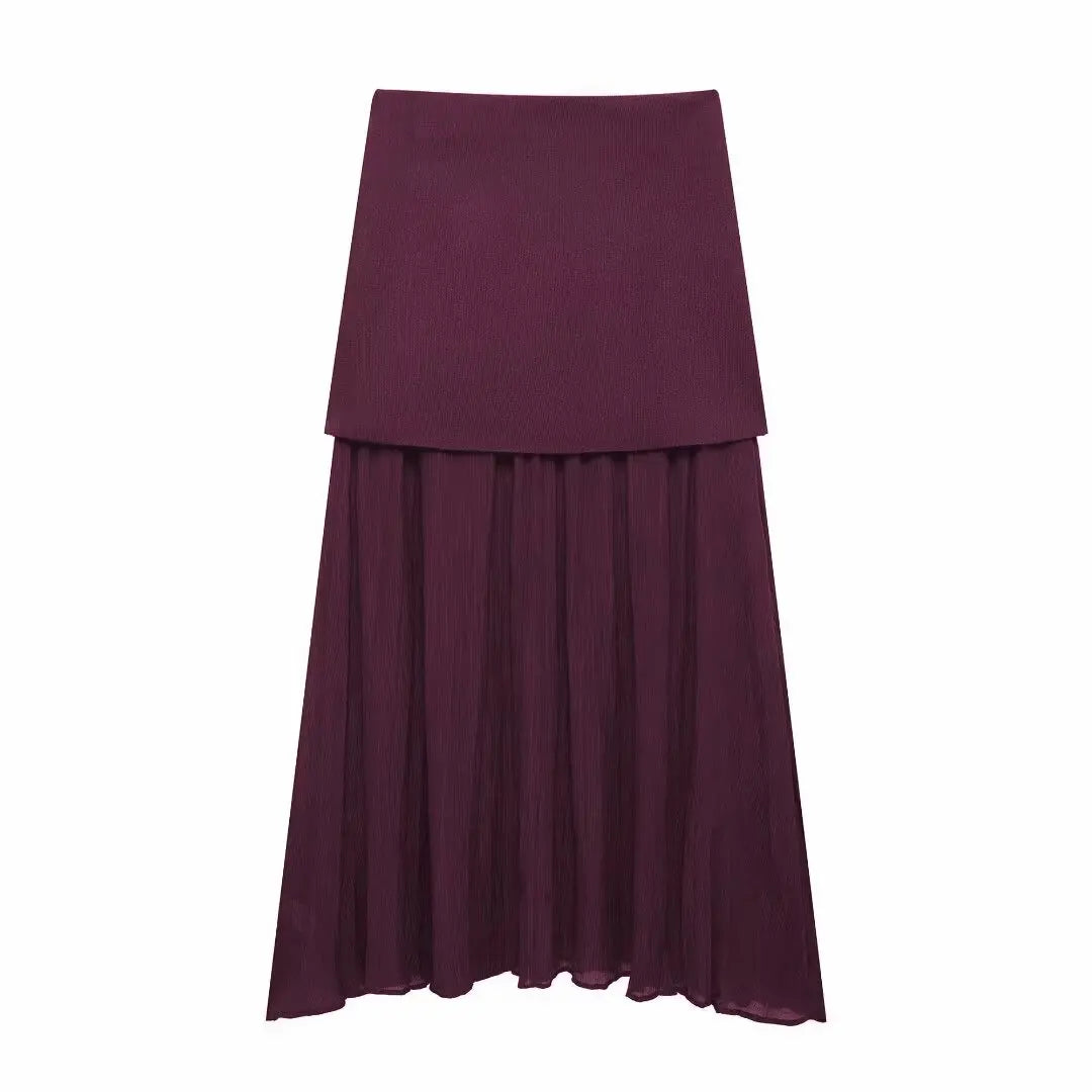 2025 Women Skirt Set Wine Red Knitted V-Neck Sleeveless Slim Vest +Solid High Waist Zipper Patchwork Long Skirt Street