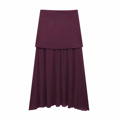 2025 Women Skirt Set Wine Red Knitted V-Neck Sleeveless Slim Vest +Solid High Waist Zipper Patchwork Long Skirt Street