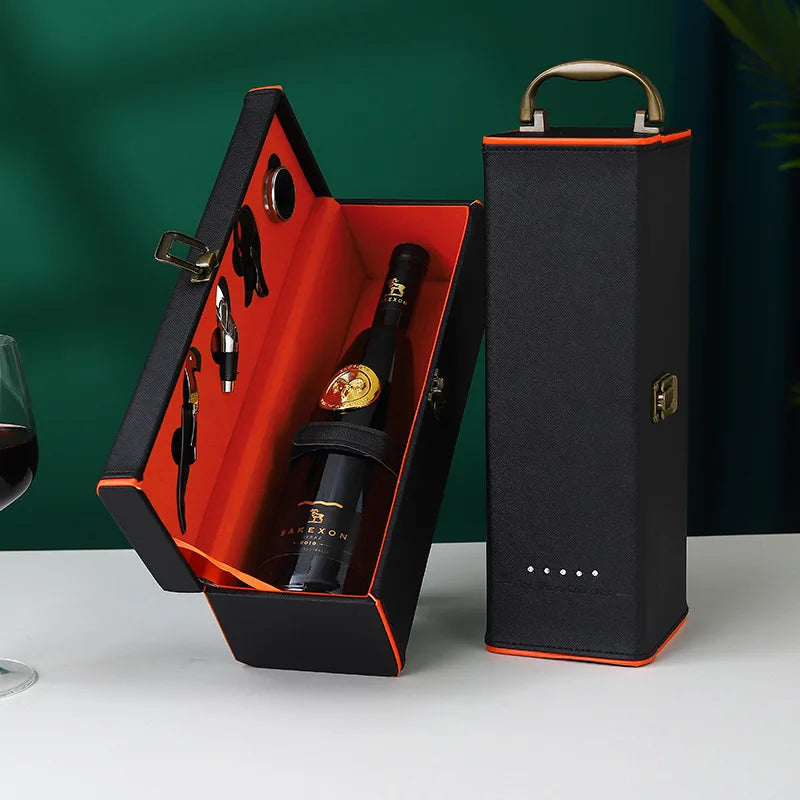 Classic PU Leather Single Red Wine Holder Luxury Ring Paper Cutter Seahorse Knife Pourer Wooden Packing Box Gift