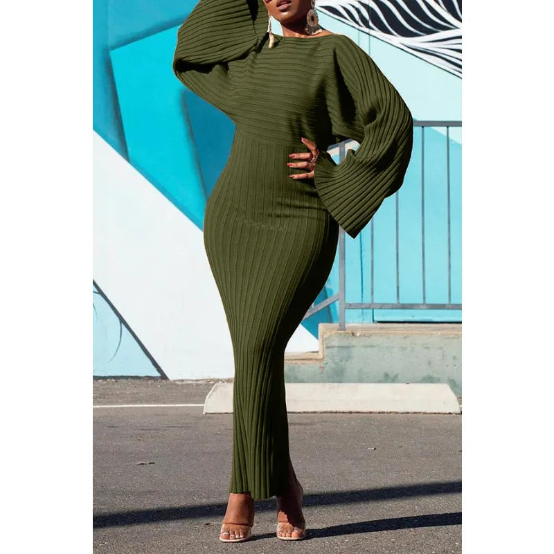 Knitted Dress Women Fashion O Neck Long Sleeve Bodycon Midi Dresses Female Elegant Loose Dresses