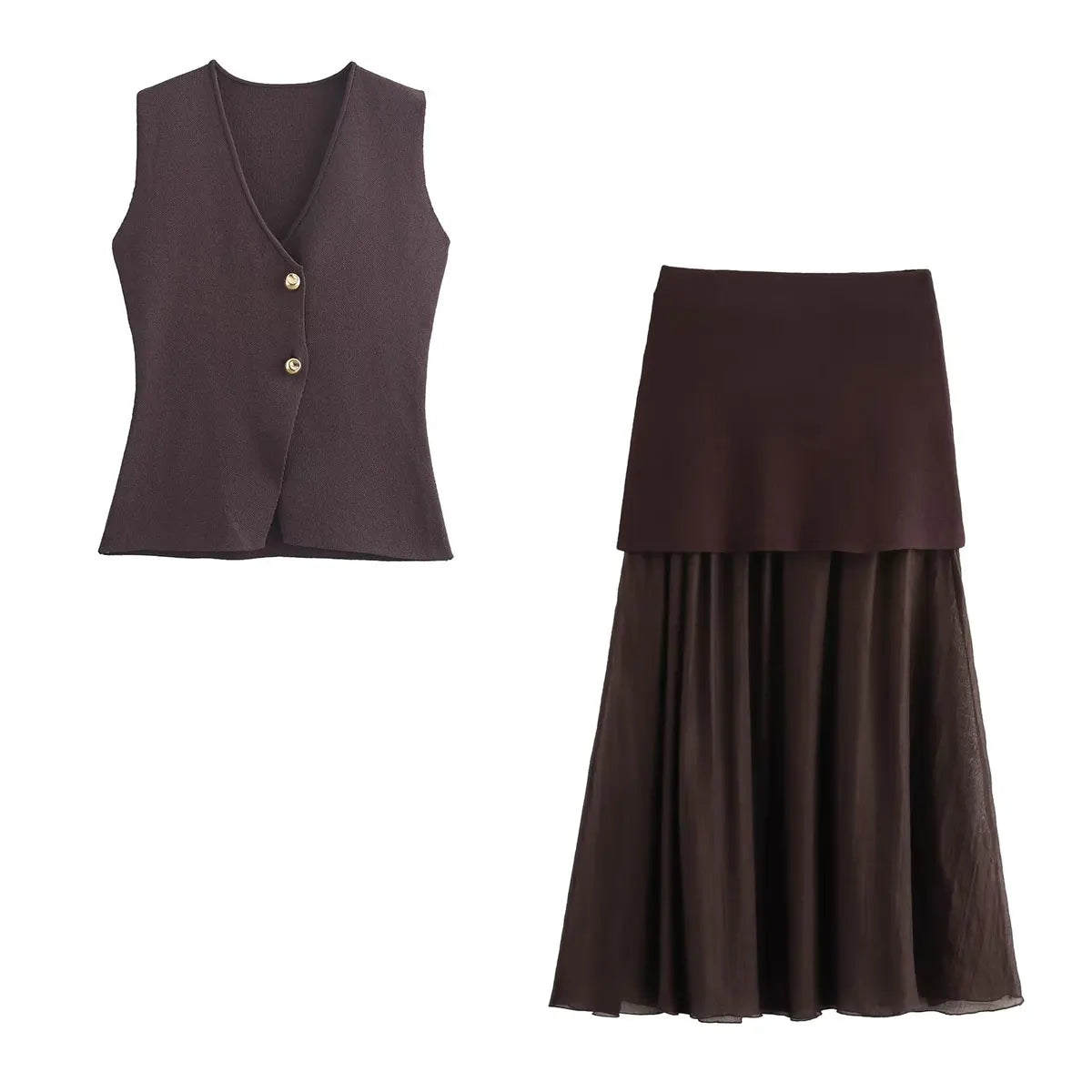 2025 Women Skirt Set Wine Red Knitted V-Neck Sleeveless Slim Vest +Solid High Waist Zipper Patchwork Long Skirt Street