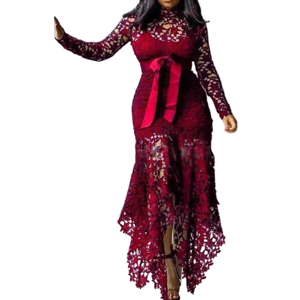 Ladies Elegant Lace Maxi Dress Women Wedding Evening Party Bodycon Long Sleeve Dresses plus Size Fashion