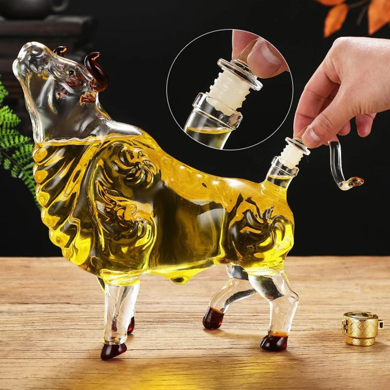 1000Ml Cattle Glass the Wine Bottle Fruit Juice Whisky Borosilicate Animal Arts and Crafts Ornament Decoration for Bar Gift