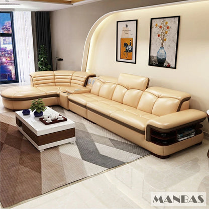Luxury L-Shaped Genuine Leather Sectional Sofa Sets with USB, Bluetooth Speaker -  Living Room Italian Leather Couches