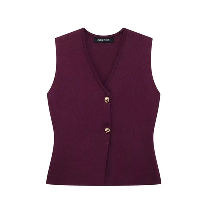 2025 Women Skirt Set Wine Red Knitted V-Neck Sleeveless Slim Vest +Solid High Waist Zipper Patchwork Long Skirt Street