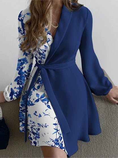 Women'S Autumn New Fashion V-Neck Long Sleeve High Waist One Piece Color Matching Lace up Irregular Dress