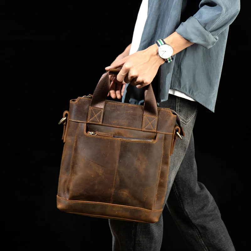 Leather Men'S Bag Crazy Horse Leather Retro Handbag Leather Crossbody Bag Handmade Shoulder Bag Computer Bag