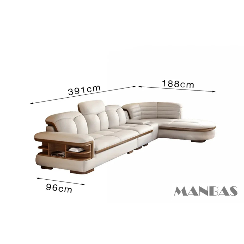 Luxury L-Shaped Genuine Leather Sectional Sofa Sets with USB, Bluetooth Speaker -  Living Room Italian Leather Couches