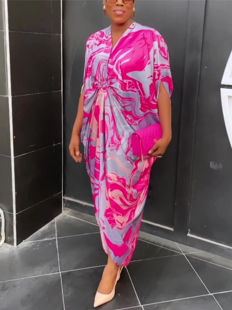 HBLL plus Women'S Printed Wide Satin Loose Short Bat-Wing Sleeve Dress Fashion Casual Large Loose Long Street Commuter Dress
