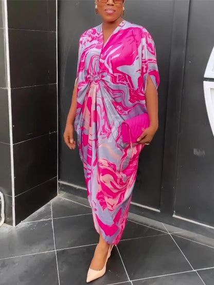 HBLL plus Women'S Printed Wide Satin Loose Short Bat-Wing Sleeve Dress Fashion Casual Large Loose Long Street Commuter Dress