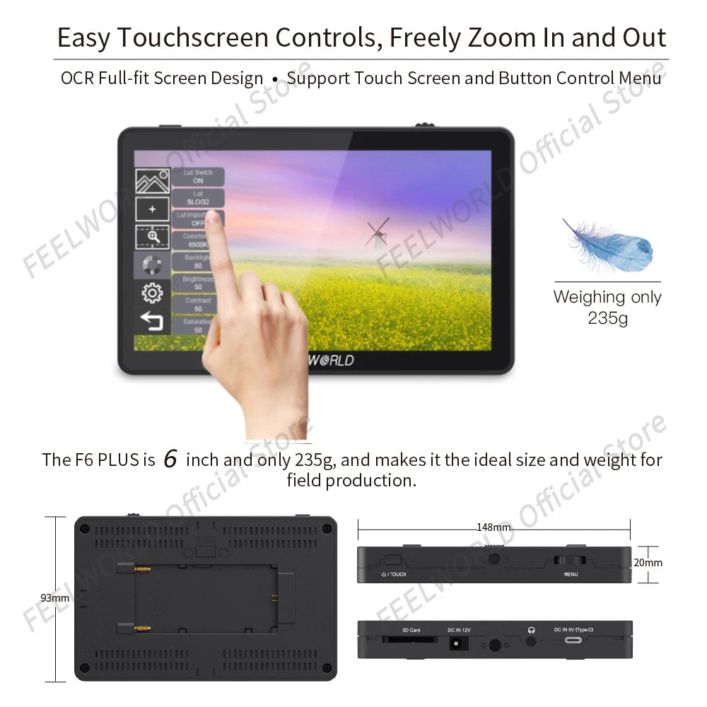 F6 plus V2 6 Inch 3D LUT Touch Screen Camera DSLR Field Monitor IPS FHD 1920X1080 Video Focus Assist Support 4K HDMI
