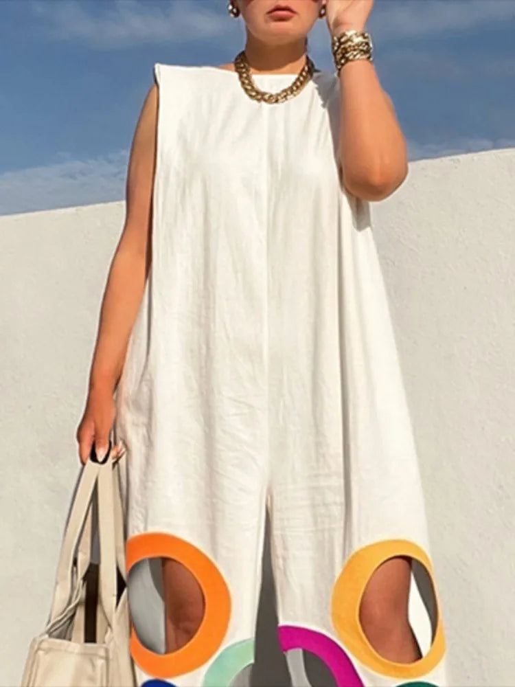 Yeezzi Women Fashion Rainbow Hollow Wide Leg Jumpsuits 2025 New Summer Sleeveless Loose Urban Office Overalls with Shoulder Pad