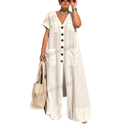 New Summer V-Neck Single-Breasted Women'S Jumpsuits Fashion Pocket Elegant Office Rompers Casual Loose Oversized Women Jumpsuit