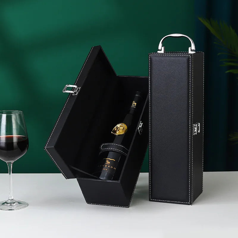 Classic PU Leather Single Red Wine Holder Luxury Ring Paper Cutter Seahorse Knife Pourer Wooden Packing Box Gift
