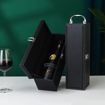 Classic PU Leather Single Red Wine Holder Luxury Ring Paper Cutter Seahorse Knife Pourer Wooden Packing Box Gift