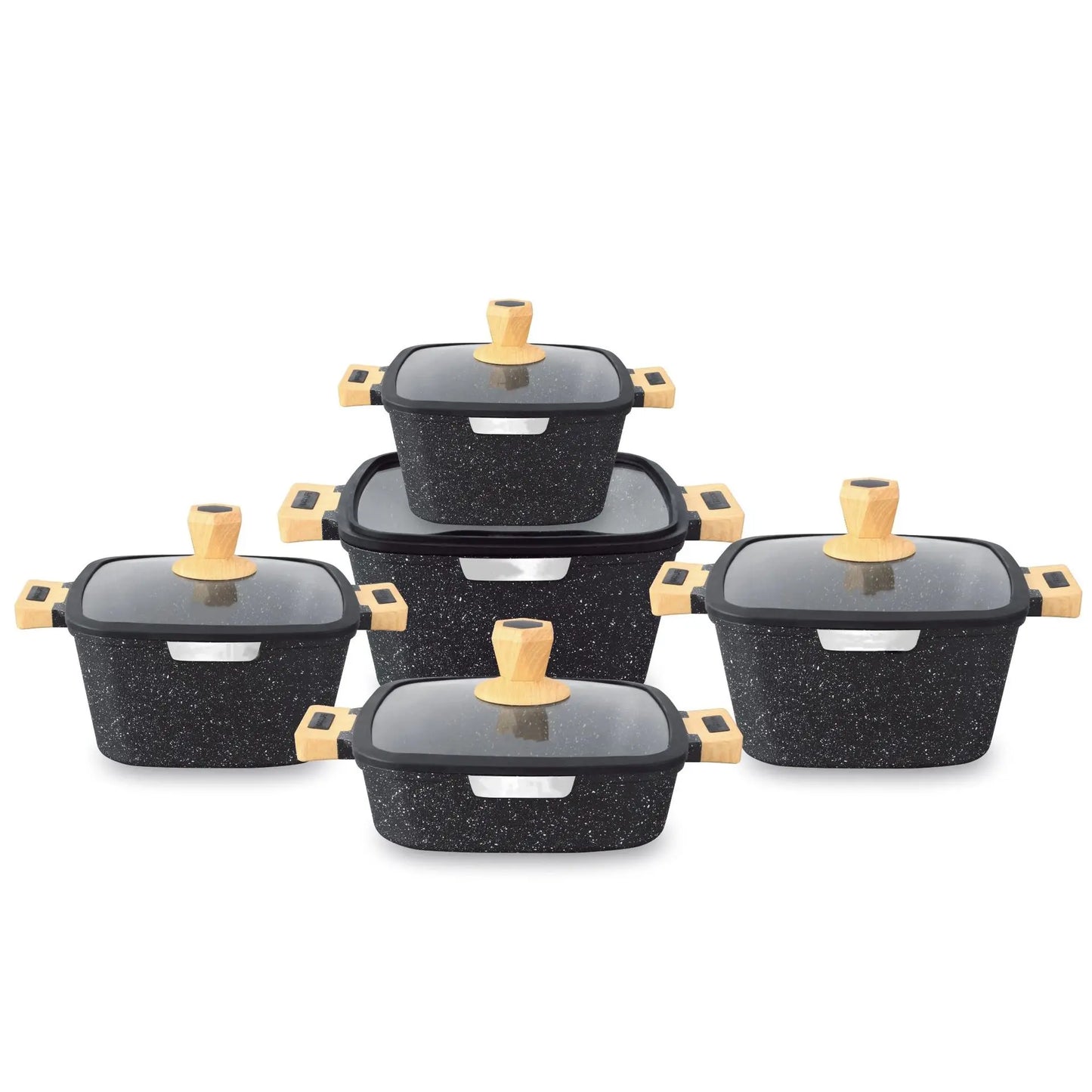 New Style 10 Pcs Square Stock Pot Nonstick Die-Cast Aluminum Cookware Set Granite Gumwood Silicone Lid Heat Resistant Handle
