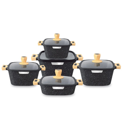 New Style 10 Pcs Square Stock Pot Nonstick Die-Cast Aluminum Cookware Set Granite Gumwood Silicone Lid Heat Resistant Handle