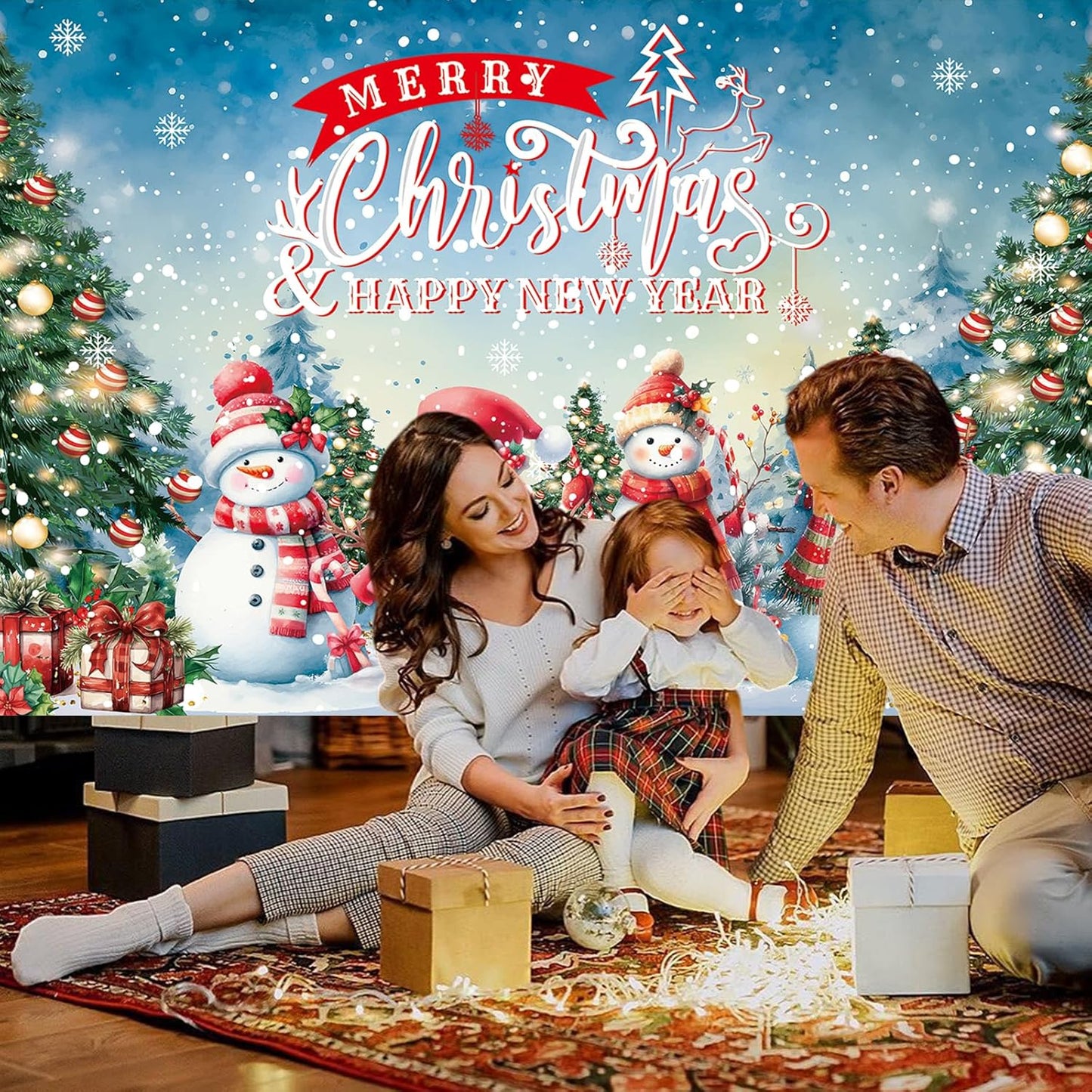 Large Christmas Banner Backdrop, Snowman Merry Christmas Banner Indoor Xmas Photography Background Party Decoration for Xmas New Year Party Photo Booth Wall Hanging Decor, 72.8 X 43.3 Inch