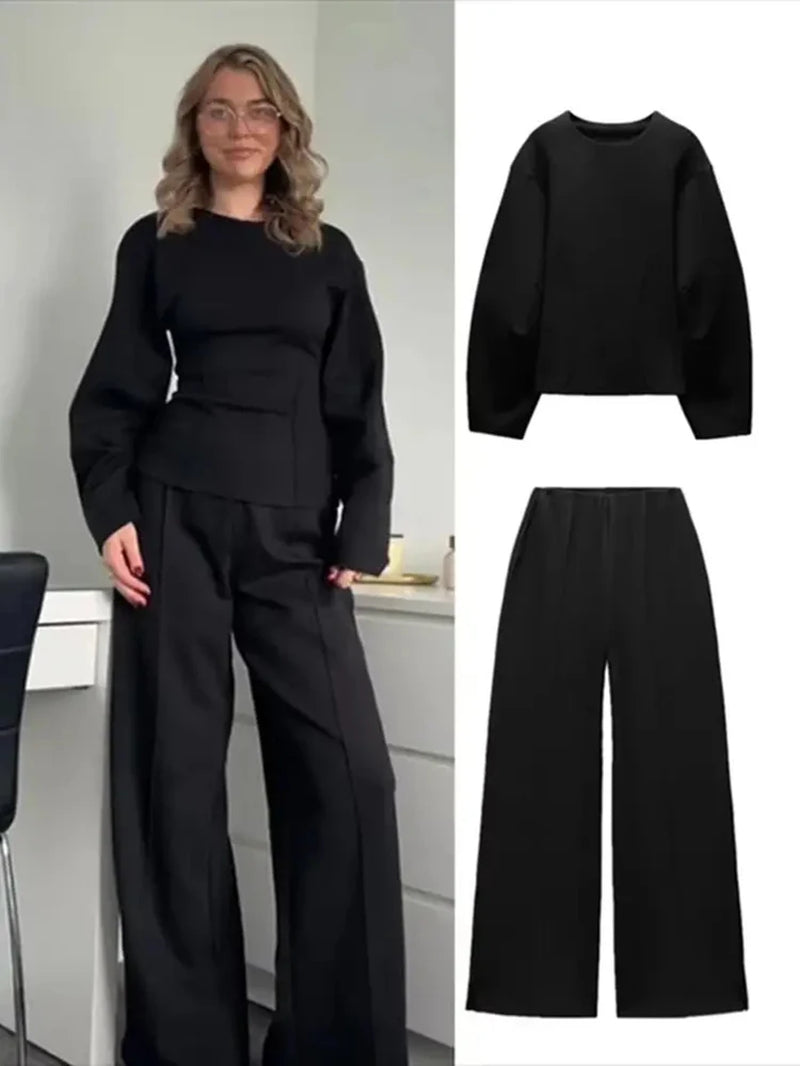 Women'S Two Pieces Set Pant Sets Crop Long Sleeve Sets Elegant Women'S Suits High Waist Wide Leg Trousers Outfit Streetwear