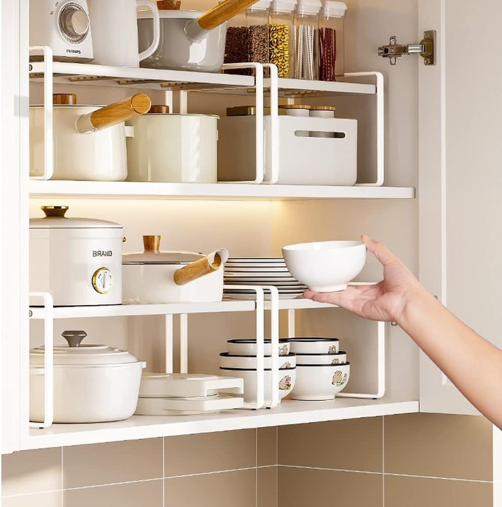 Shelf Insert, Kitchen Cupboard Organiser with Non-Slip Mat, Kitchen Cabinet Insert, for Kitchen/Bathroom/Table Top/Sideboard (White)