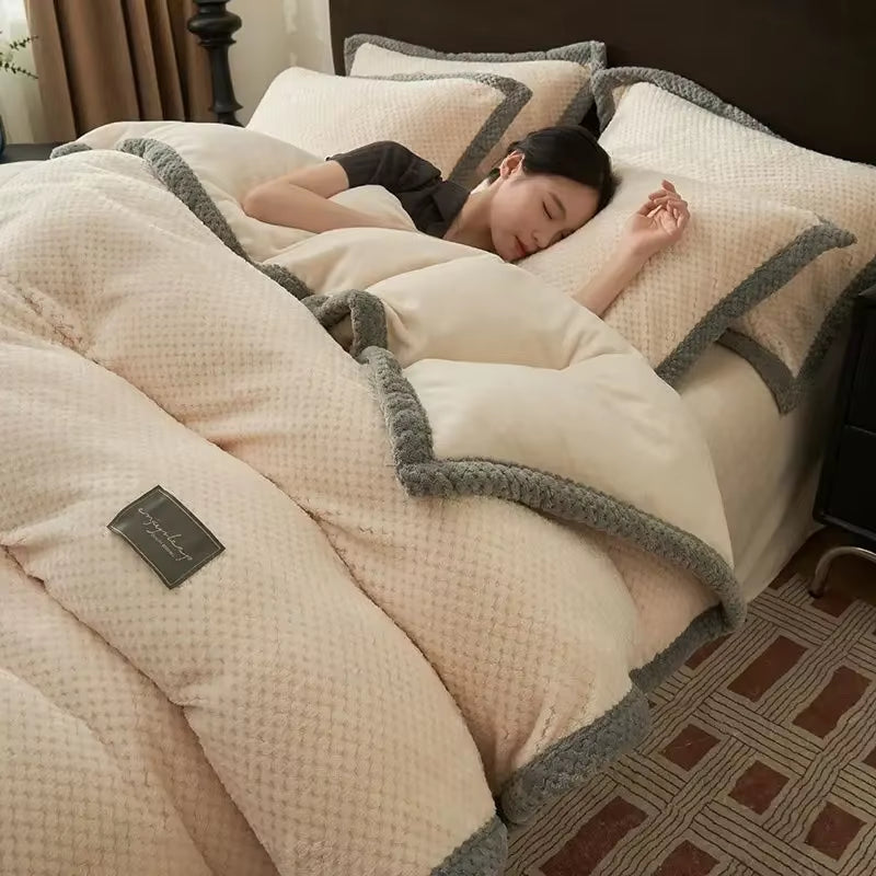 Bedding Set Luxury Winter Warm Thicken Milk Velvet Duvet Cover Bed Sheet and Pillowcases Quilt Cover Queen King Size 220X240Cm