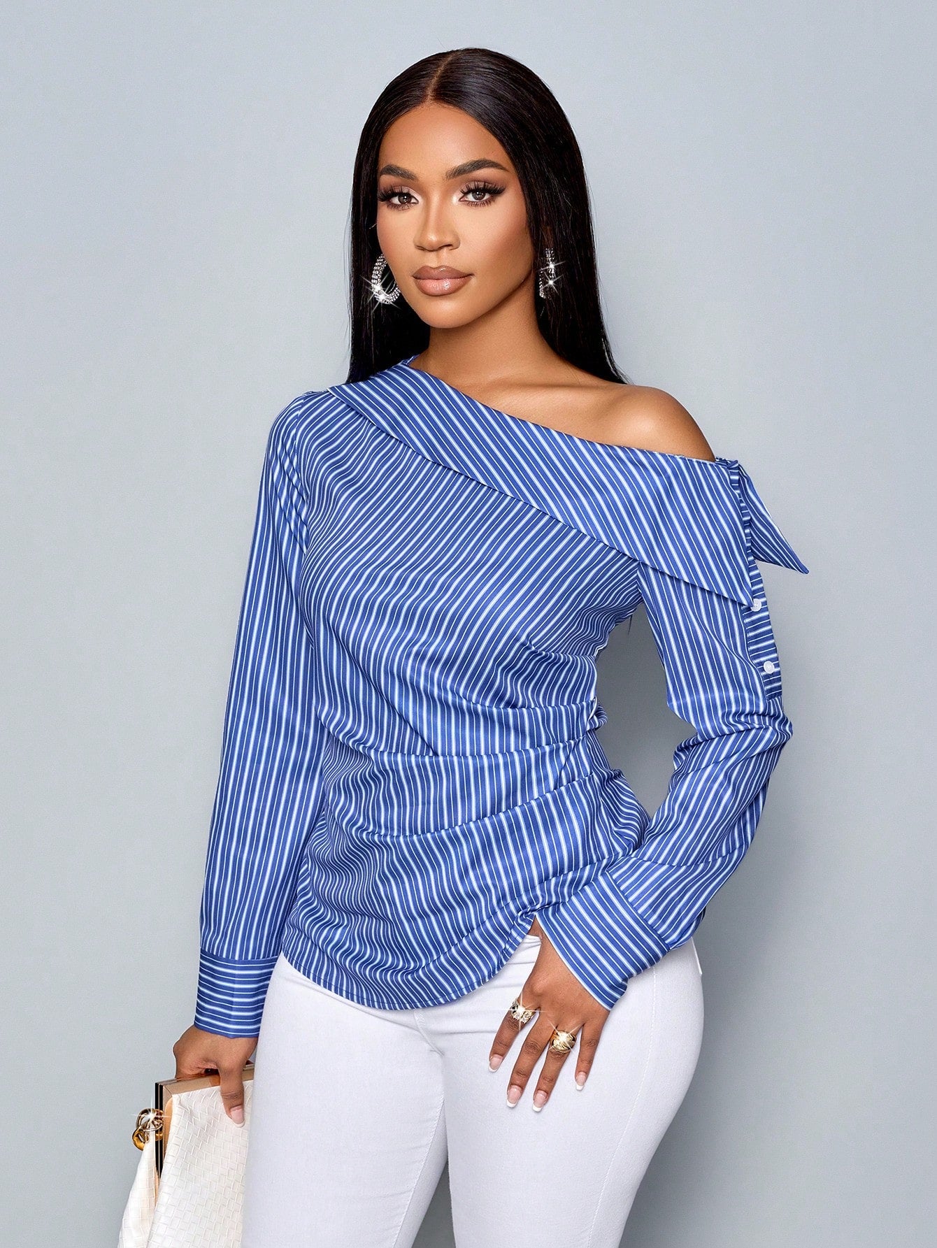 SOLERSUN Women'S Casual Blue Blouse with Long Sleeve, Asymmetrical Neck, Pleated Details, Turndown Collar, and Single-Breasted Closure, Random Floral Print One Shoulder Top