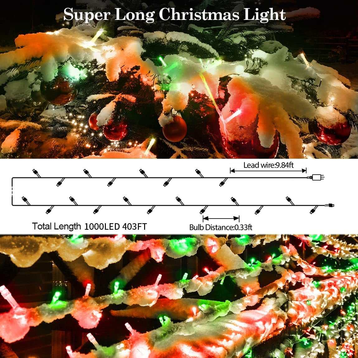 403 FT 1000 LED String Lights Outdoor Fairy Lights Plug in Super Long Christmas Lights with Remote Timer 8 Modes for Xmas Tree Yard outside Garden House Party Wedding Decoration-Red+Green
