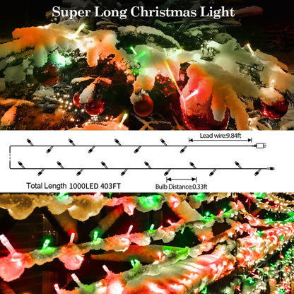 403 FT 1000 LED String Lights Outdoor Fairy Lights Plug in Super Long Christmas Lights with Remote Timer 8 Modes for Xmas Tree Yard outside Garden House Party Wedding Decoration-Red+Green