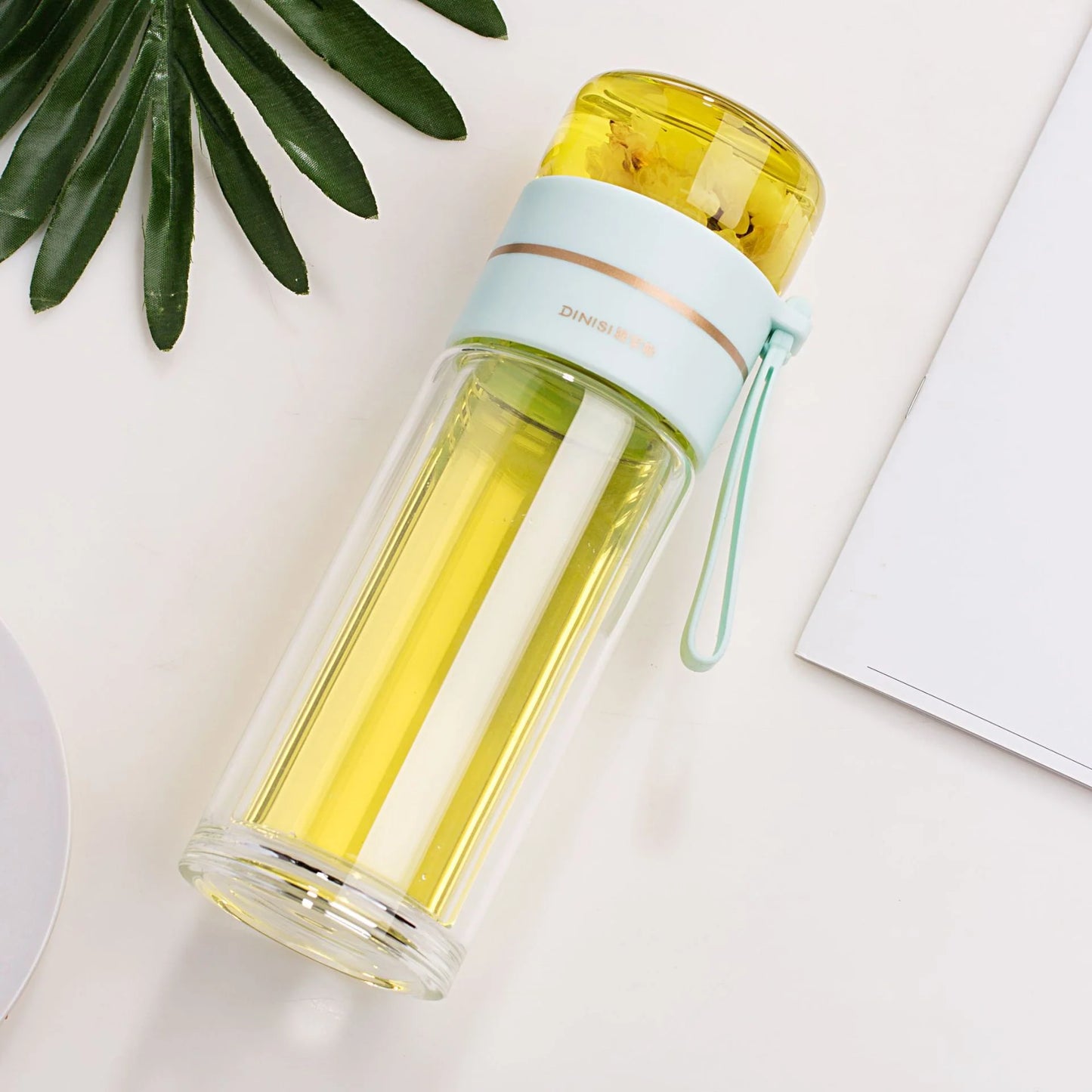 Glass Water Bottle with Tea Infuser Filter Tea Separation Double Wall Glass Bottle Leakproof Water Bottle