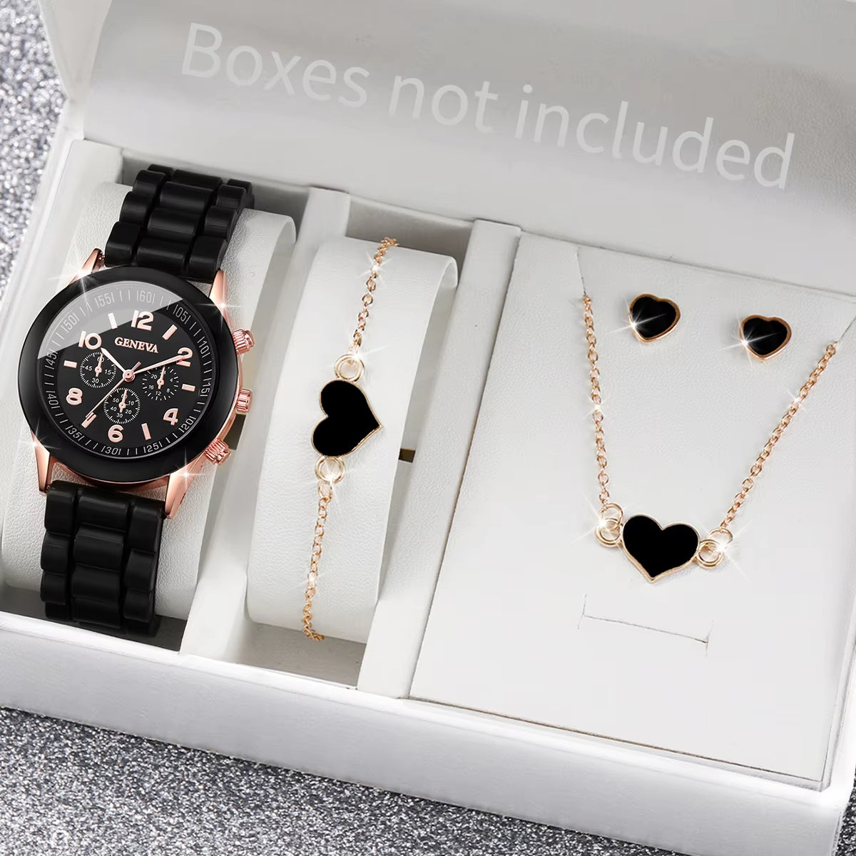 Women's Fashion Silicone Band Quartz Watch Set - 5/6 Piece Jewelry Collection (Without Box)