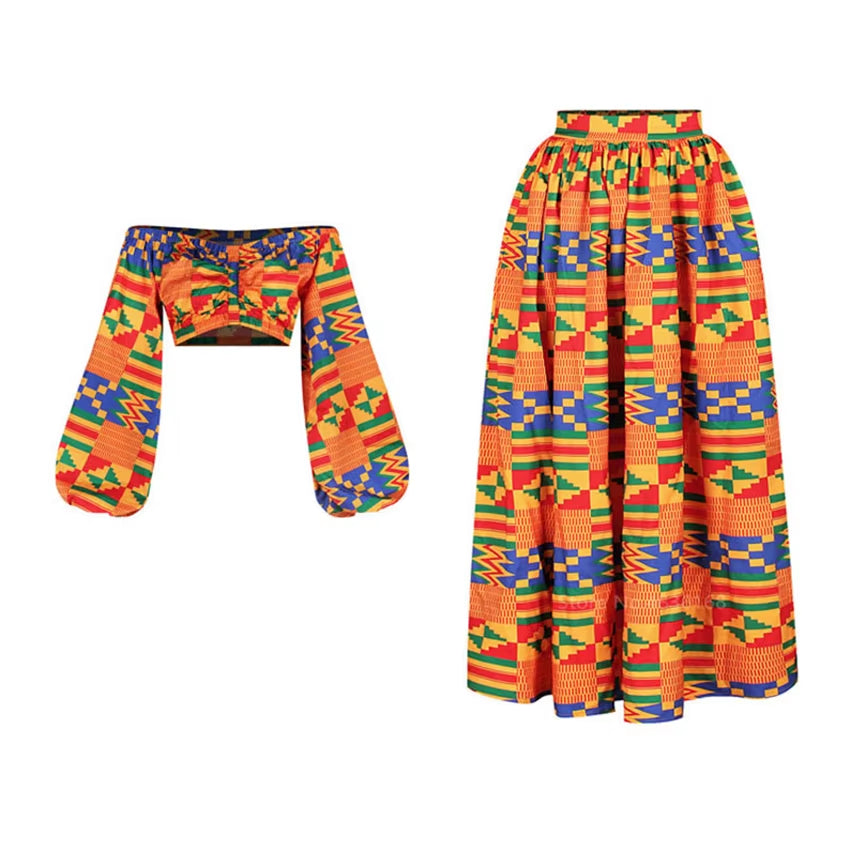 Women's Autumn 2-Piece Dashiki Print Dress Set with Off-Shoulder Full Sleeves and Split Skirt