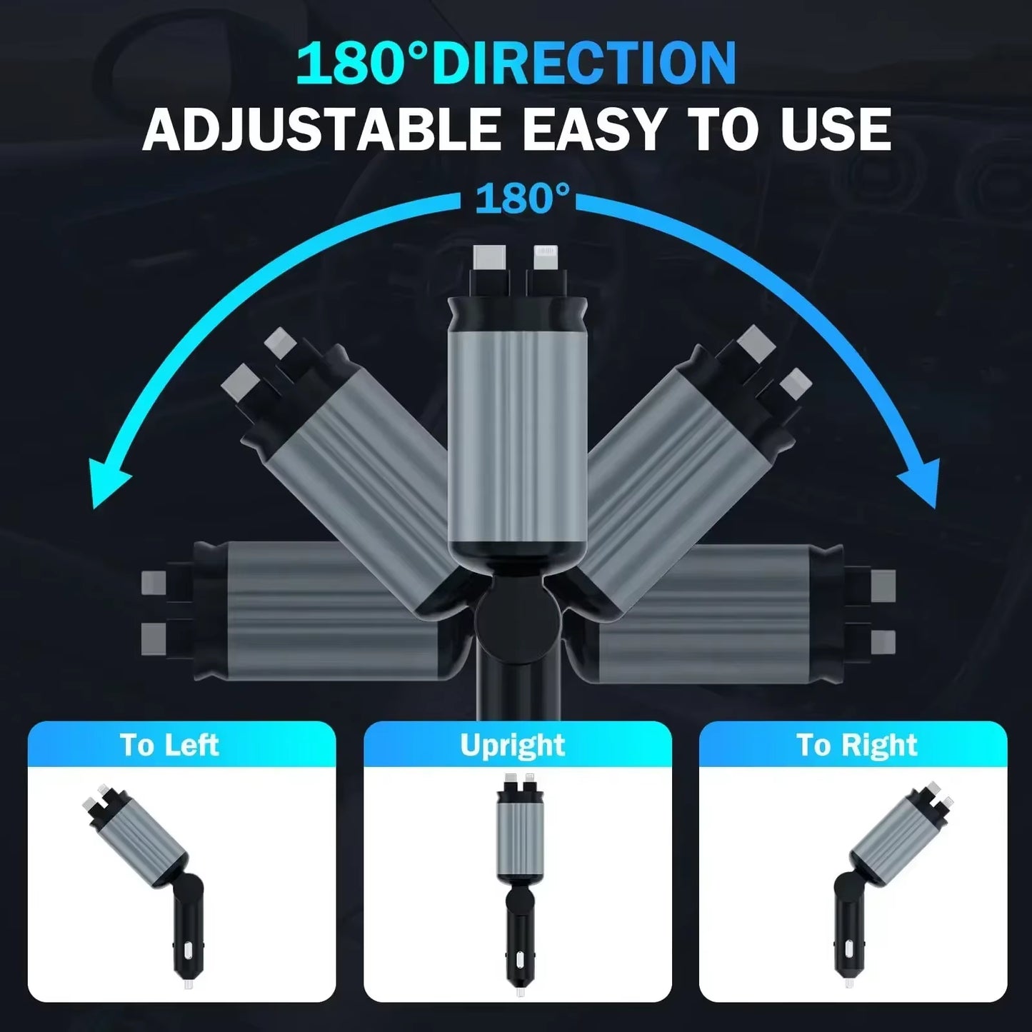 120W Retractable Fast Charger for Apple Devices - Type C USB Socket with Digital Display and PD QC3.0 Cigarette Lighter Adapter