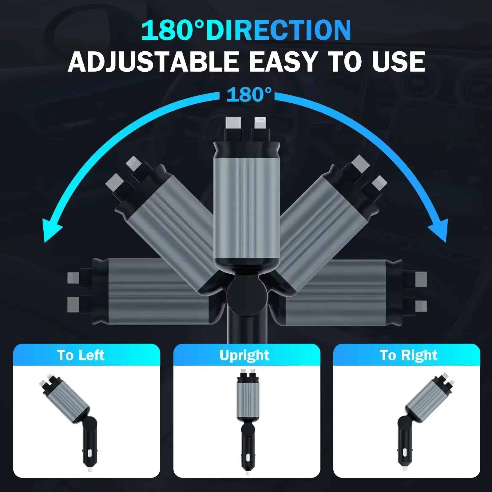 120W Retractable Fast Charger for Apple Devices - Type C USB Socket with Digital Display and PD QC3.0 Cigarette Lighter Adapter