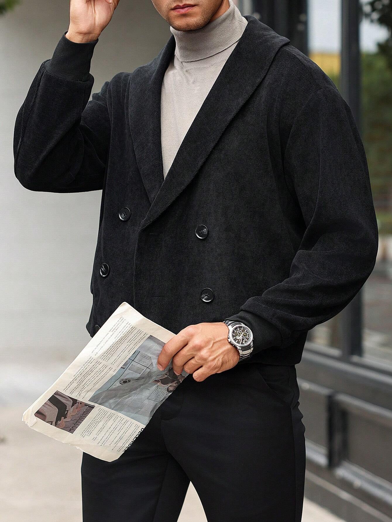 Manfinity Bizformal Men'S Autumn Casual Shawl Collar Double-Breasted Long Sleeve Black Jacket ,Fall and Winter Men ,Men Jacket. Going Out Light Jacket, for Friends, Husband, Boyfriend Gifts