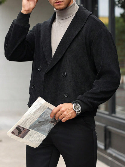 Manfinity Bizformal Men'S Autumn Casual Shawl Collar Double-Breasted Long Sleeve Black Jacket ,Fall and Winter Men ,Men Jacket. Going Out Light Jacket, for Friends, Husband, Boyfriend Gifts