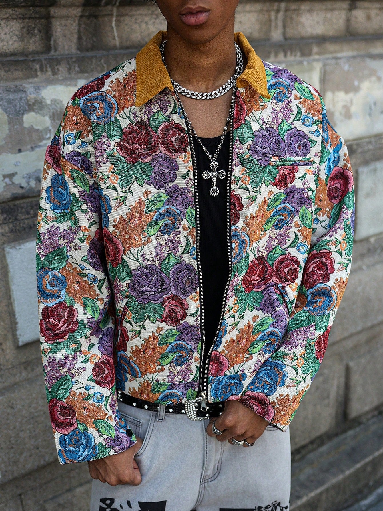 Manfinity Homme Men Hawaiian Print Floral Pattern Jacquard Jacket Summer Outerwear, Street Fashion Colorful Pattern Rave Long Sleeve Jacket, Gift for Friends, Husband, Boyfriend