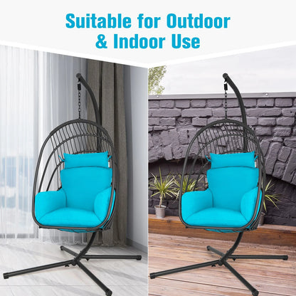 Deluxe Grey and Turquoise Swing Egg Chair with Stand - Comforting Cushions, Pillow, and Foldable Design for Indoor and Outdoor Relaxation